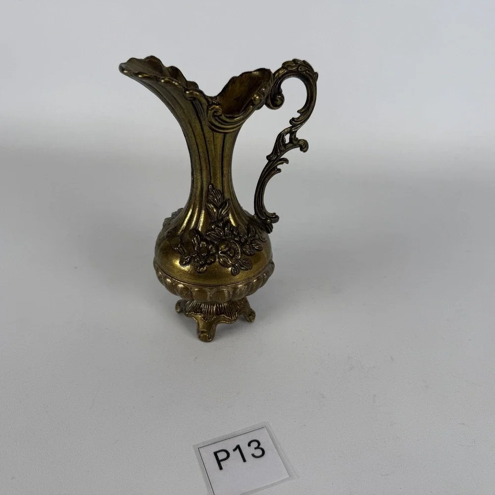 Vintage Italian Brass Floral Vase Pitcher Made In Italy Ornate Patina Metal READ